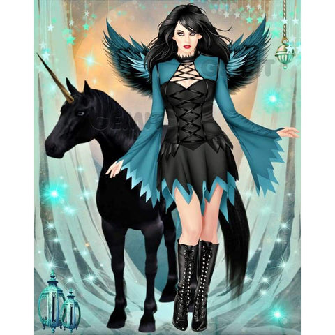 Black Angel with Black Unicorn  Full Drill Diamond Painting - - NEEDLEWORK KITS